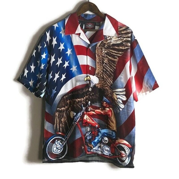 DRAGONFLY ROADHOUSE Mens Red Button Up Short Sleeve Shirt Size M Eagle USA Biker - Picture 1 of 9